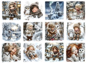 Papier ryżowy A4 do decoupage Artando - dzieci, dziewczynki, ptaki, sowy, zima