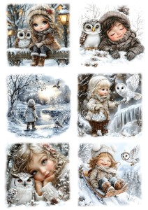 Papier ryżowy A4 do decoupage Artando - dzieci, dziewczynki, ptaki, sowy, zima