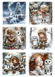 Papier ryżowy A4 do decoupage Artando - dzieci, dziewczynki, ptaki, sowy, zima 