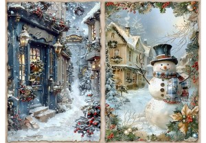 Papier ryżowy A4 do decoupage Artando - widok, pejzaż zimowy, miasteczko, bałwan