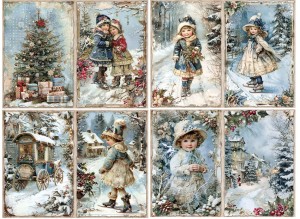 Papier ryżowy A4 do decoupage Artando - widok, pejzaż zimowy, dzieci, choinka