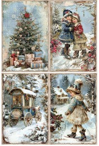 Papier ryżowy A4 do decoupage Artando - widok, pejzaż zimowy, dzieci, choinka 