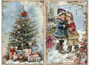 Papier ryżowy A4 do decoupage Artando - widok, pejzaż zimowy, dzieci, choinka
