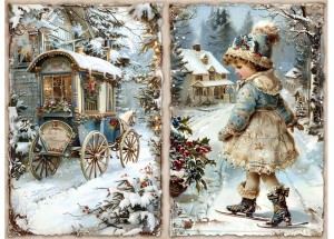 Papier ryżowy A4 do decoupage Artando - widok, pejzaż zimowy, miasteczko, dzieci