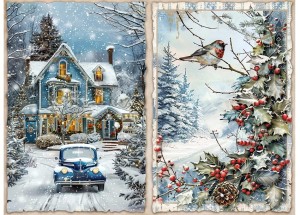 Papier ryżowy A4 do decoupage Artando - widok, pejzaż zimowy, ptaki, dom, ostrokrzew