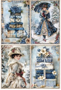 Papier ryżowy A4 do decoupage Artando - widok, pejzaż zimowy, kobieta, prezenty