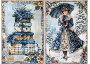 Papier ryżowy A4 do decoupage Artando - widok, pejzaż zimowy, kobieta, prezenty