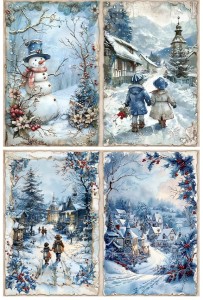 Papier ryżowy A4 do decoupage Artando - widok, pejzaż zimowy, miasteczko, dzieci, bałwan