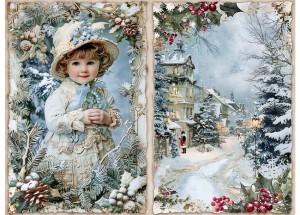 Papier ryżowy A4 do decoupage Artando - widok, pejzaż zimowy, dzieci, miasteczko