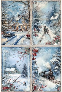 Papier ryżowy A4 do decoupage Artando - widok, pejzaż zimowy, miasteczko, pociąg