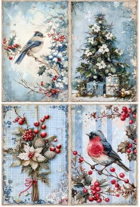 Papier ryżowy A4 do decoupage Artando - widok, pejzaż zimowy, ptaki,  ostrokrzew