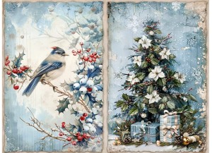Papier ryżowy A4 do decoupage Artando - widok, pejzaż zimowy, ptak,  ostrokrzew , choinka
