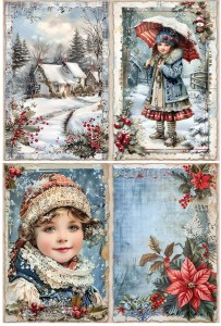 Papier ryżowy A4 do decoupage Artando - widok, pejzaż zimowy, dziecko, kwiaty, domy