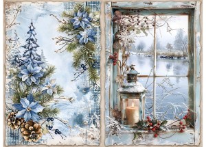 Papier ryżowy A4 do decoupage Artando - widok, pejzaż zimowy, okno, lampion, kwiaty