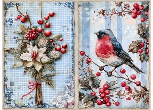 Papier ryżowy A4 do decoupage Artando - widok, pejzaż zimowy, ptak, ostrokrzew