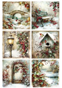 Papier ryżowy A4 do decoupage Artando - widok, pejzaż zimowy, ptaki, ostrokrzew, kwiaty 