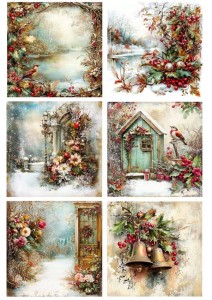 Papier ryżowy A4 do decoupage Artando - widok, pejzaż zimowy, ptaki, ostrokrzew, kwiaty