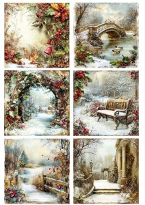 Papier ryżowy A4 do decoupage Artando - widok, pejzaż zimowy, ptaki, ostrokrzew, kwiaty