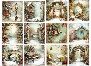 Papier ryżowy A4 do decoupage Artando - widok, pejzaż zimowy, ptaki, ostrokrzew, kwiaty