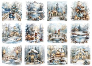 Papier ryżowy A4 do decoupage Artando - widok, pejzaż zimowy, dzieci, kościoły
