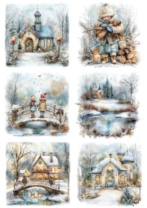 Papier ryżowy A4 do decoupage Artando - widok, pejzaż zimowy, dzieci, kościoły