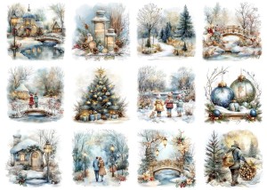 Papier ryżowy A4 do decoupage Artando - widok, pejzaż zimowy, dzieci, kościoły