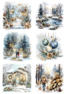 Papier ryżowy A4 do decoupage Artando - widok, pejzaż zimowy, dzieci, kościoły 