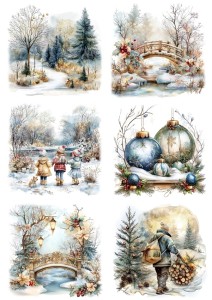Papier ryżowy A4 do decoupage Artando - widok, pejzaż zimowy, dzieci, kościoły