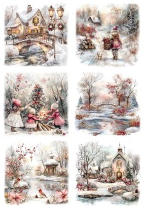 Papier ryżowy A4 do decoupage Artando - widok, pejzaż zimowy, dzieci, kościoły 