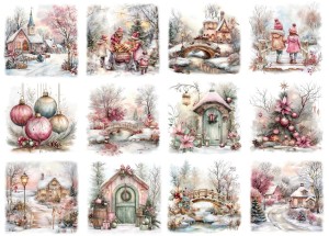 Papier ryżowy A4 do decoupage Artando - widok, pejzaż zimowy, dzieci, kościoły