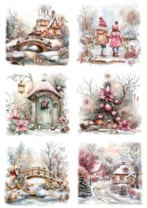 Papier ryżowy A4 do decoupage Artando - widok, pejzaż zimowy, dzieci, kościoły 