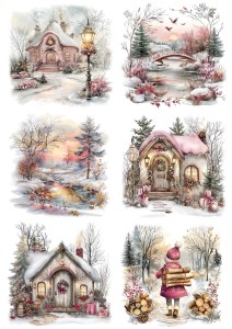 Papier ryżowy A4 do decoupage Artando - widok, pejzaż zimowy, dzieci, kościoły 