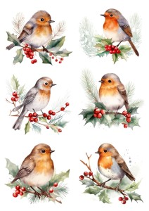 Papier ryżowy A4 do decoupage Artando - ptaki, ptaszki, ostrokrzew, zima