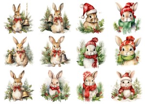 Papier ryżowy A4 do decoupage Artando - zające, dzwonki, ostrokrzew, zima