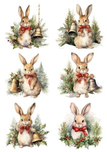 Papier ryżowy A4 do decoupage Artando - zające, dzwonki, ostrokrzew, zima