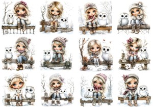 Papier ryżowy A4 do decoupage Artando - dzieci, dziewczynki, ptaki, sowy, zima