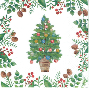 Serwetka decoupage 33x33 cm - choinka, bombki, szyszki, ostrokrzew