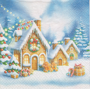 Serwetka decoupage 33x33 cm - widok, pejzaż zimowy, domki z piernika, zima