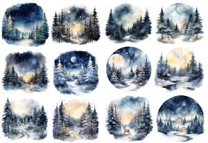 Papier ryżowy A4 do decoupage Artando - widok, pejzaż zimowy, las, drzewa