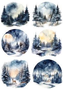 Papier ryżowy A4 do decoupage Artando - widok, pejzaż zimowy, las, drzewa