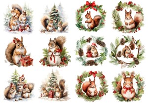 Papier ryżowy A4 do decoupage Artando - wiewiórki w szalikach, choinki, wianki, zima