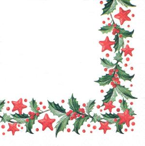 Serwetka decoupage 33x33 cm - ostrokrzew, gwiazdy, gwiazdki