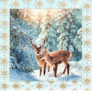 Serwetka decoupage 33x33 cm - sarny, jeleń, las, zima, śnieżynki