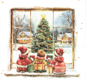 Serwetka decoupage 33x33 cm - okno, widok zimowy, dzieci, choinka, zima