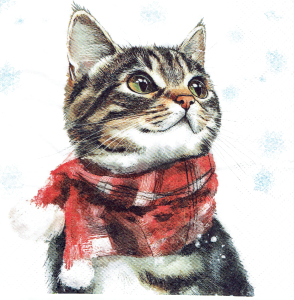 Serwetka decoupage 33x33 cm - kot, kotek w szaliku, zima