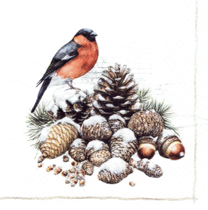 Serwetka decoupage 33x33 cm - ptak, ptaszek, gil, szyszki, śnieg, zima