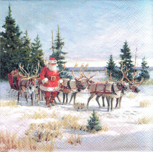 Serwetka decoupage 33x33 cm - widok, pejzaż zimowy, Mikołaj, renifery