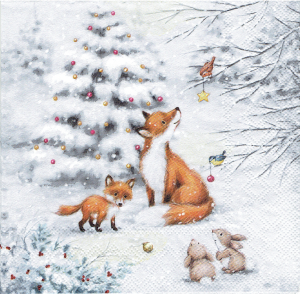 Serwetka decoupage 33x33 cm - zwierzęta, lisy, zające, choinka, ptaki, zima