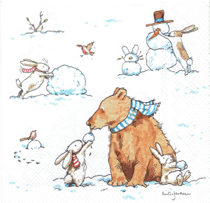 Serwetka decoupage 33x33 cm - zwierzęta, niedźwiedź, zające, bałwan, zima