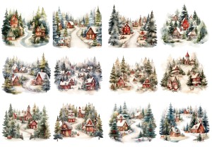 Papier ryżowy A4 do decoupage Artando - widok, pejzaż zimowy, domy, chatki, choinki, zima